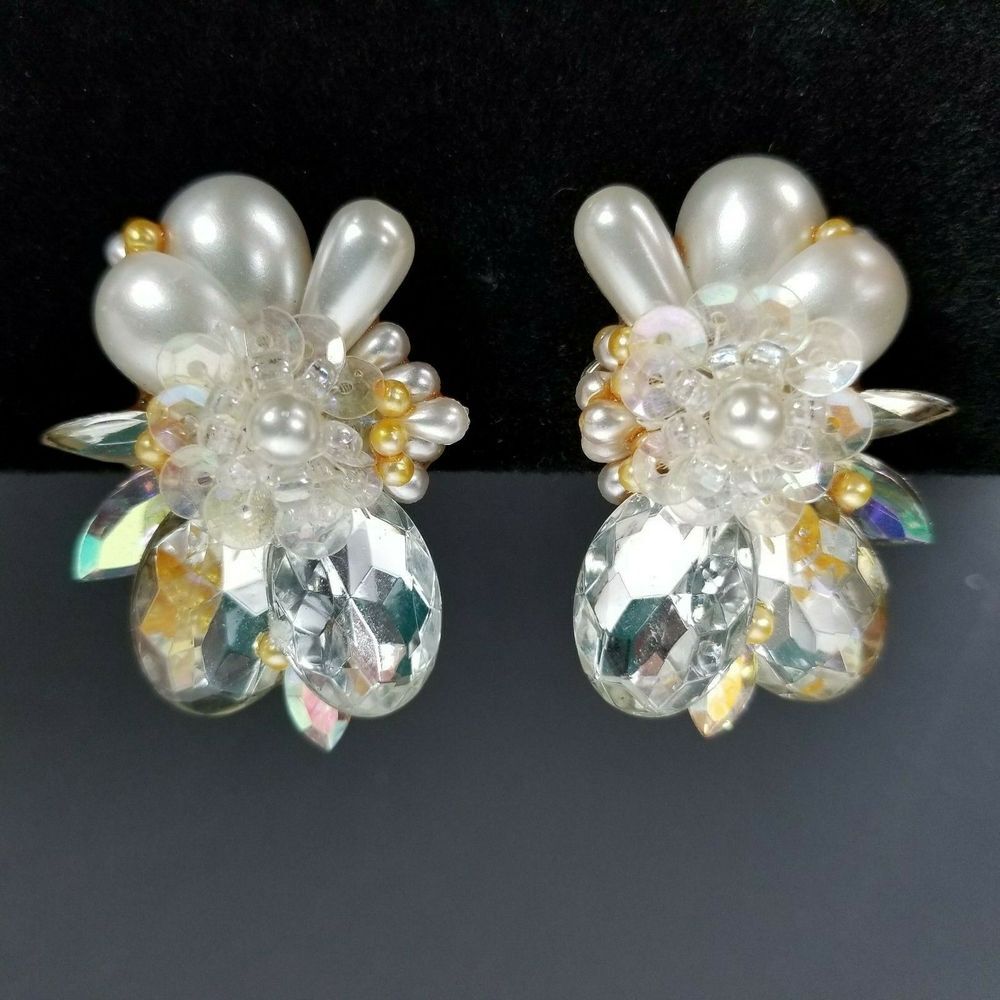 Vintage Katrina Clip On Earrings XL‎ Faux Diamond Gemstones Pearls Sequins Beads